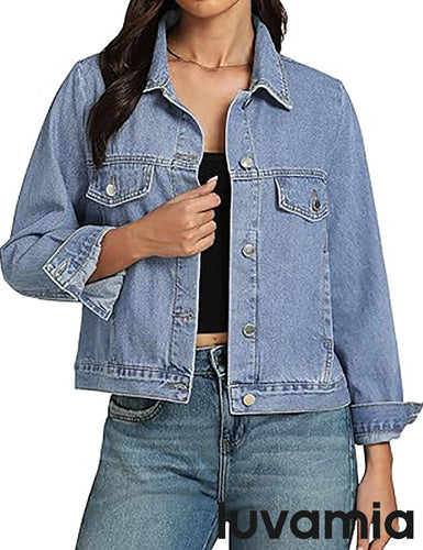 LUVAMIA Women Lapel Blazer Denim Vintage Retro Jean Coats Jackets