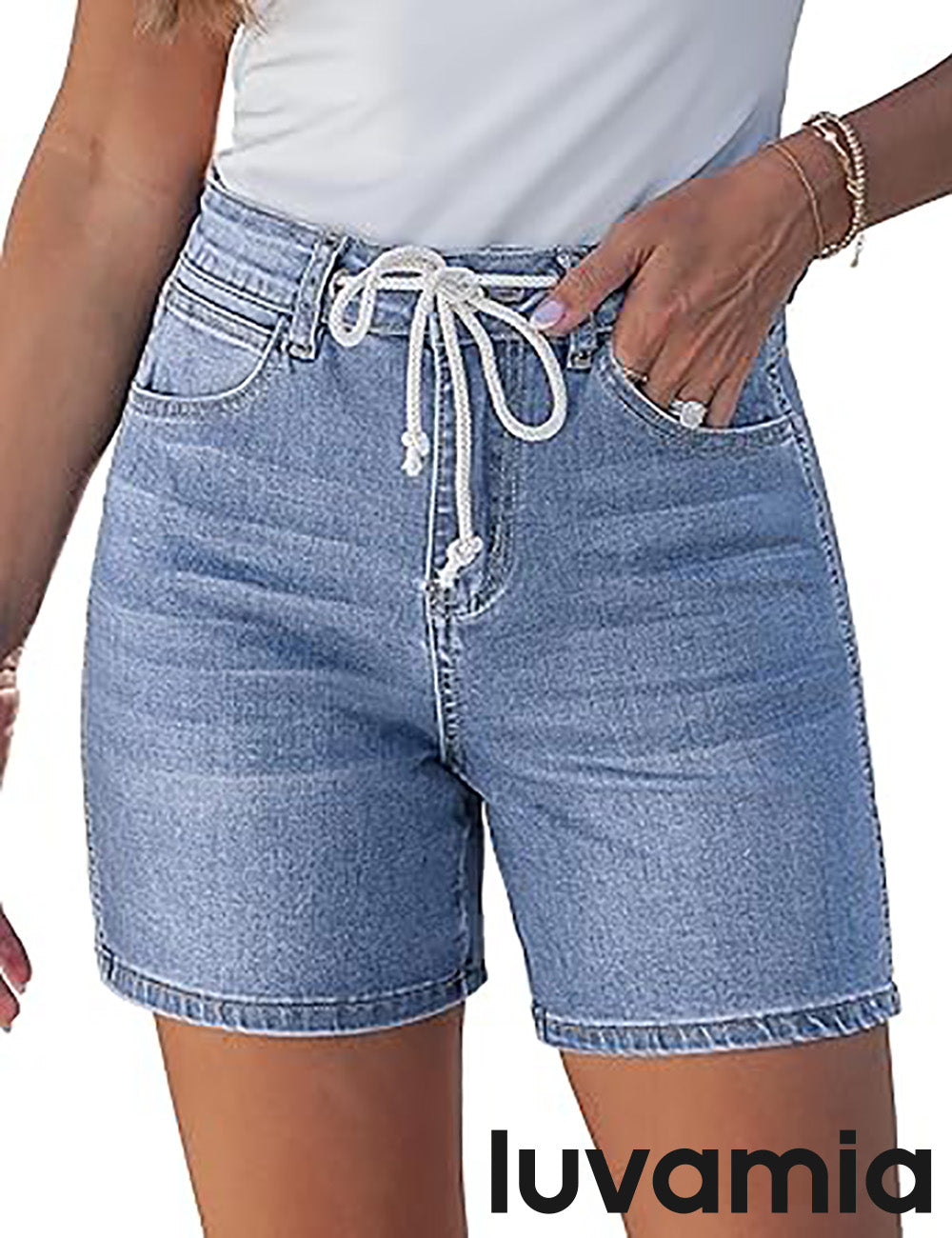 luvamia FleXclusive Jean Shorts for Women High Waisted Trendy Drawstring Stretchy Denim Shorts Summer Casual Jorts with Pockets