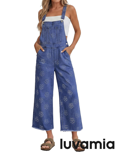 luvamia FleXclusive Denim Overalls for Women Wide Leg Capri Jean Jumpsuit Loose Fit Summer Stretchy Bib Overall Embroidered Raw Hem