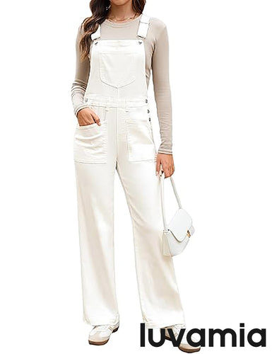 LUVAMIA Women's White Denim Wide Leg Jumpsuit Side Snap Closure Five Pocket Utility