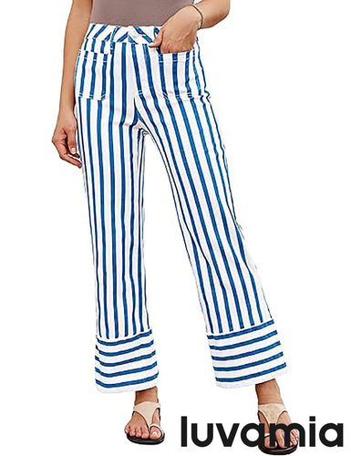 luvamia Striped Jeans for Women Wide Leg High Waisted Trendy Patch Pockets Stretchy Denim Pants Casual Trouser Jeans