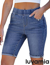 luvamia FleXclusive Bermuda Shorts for Women Jean Pull On Elastic Waist High Waisted Knee Length Fold Hem Stretchy Denim Long Shorts