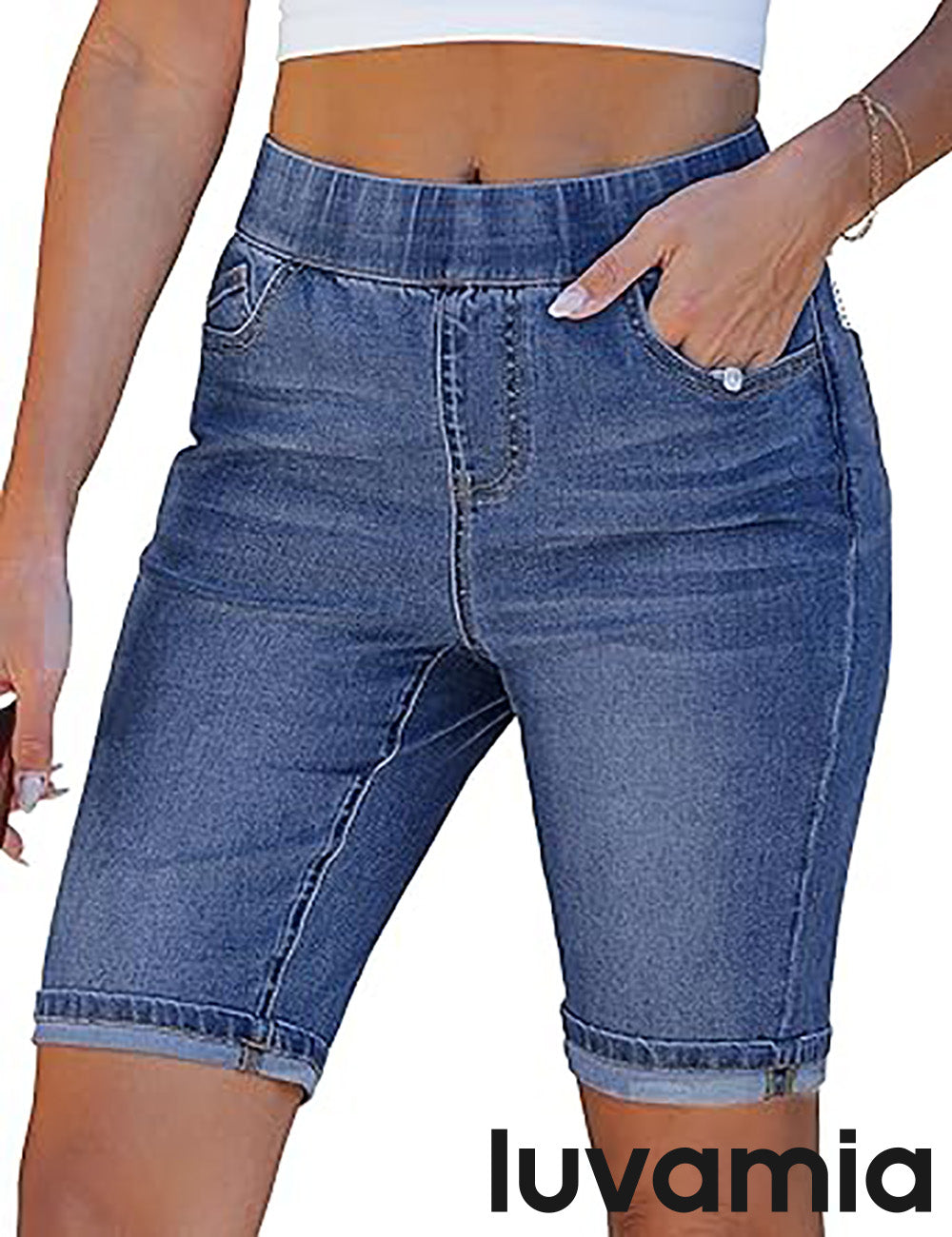 luvamia FleXclusive Bermuda Shorts for Women Jean Pull On Elastic Waist High Waisted Knee Length Fold Hem Stretchy Denim Long Shorts