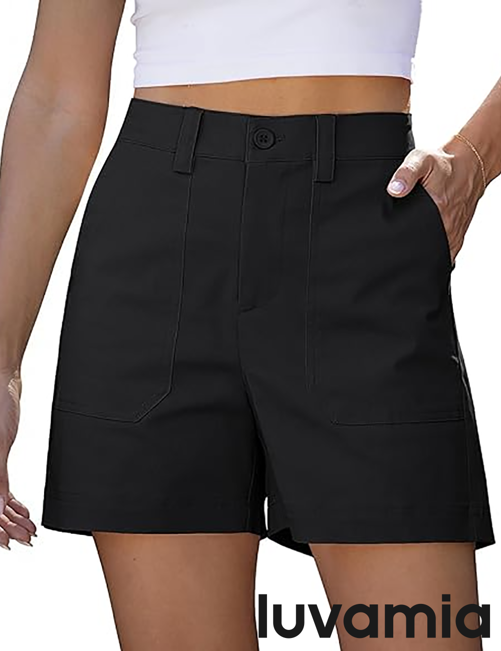 luvamia Summer Shorts for Women High Waisted Dressy Causal Cotton Chino Elastic Waist 5 Inch Inseam Mid Thigh Shorts