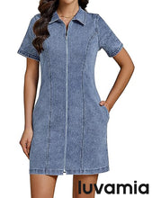 LUVAMIA Women's Short Sleeve Slim Tight Shirt-Neck Symmetrical Simple Versatile Denim Dress