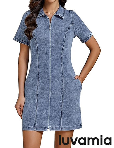 LUVAMIA Women's Short Sleeve Slim Tight Shirt-Neck Symmetrical Simple Versatile Denim Dress