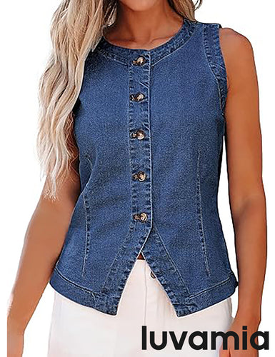 LUVAMIA Clothing Chic Denim Retro Sleeveless Women Vest Crew Neck Coat Style