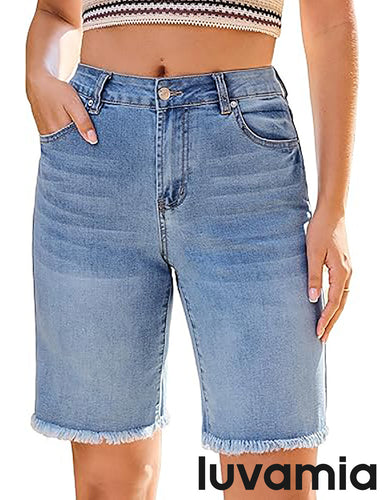 luvamia FleXclusive Jean Bermuda Shorts for Women Trendy Mid Rise Raw Hem Knee Length Stretchy Denim Long Shorts Summer Casual Jorts