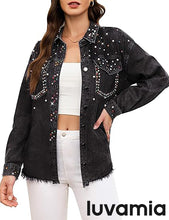 luvamia Jean Jacket for Women Trendy Rhinestone Embellished Long Sleeve Denim Jackets with Pockets