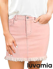 luvamia Women's Casual Mid Waisted Washed Frayed Pockets Denim Jean Short Skirt