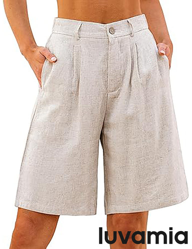 luvamia Bermuda Shorts for Women High Waisted Linen Dressy Casual Pleated Wide Leg Summer Shorts with Elastic Waist