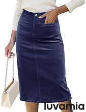 LUVAMIA 2025 Fall Winter Women's Corduroy Midi Skirt - High Waist Elastic Waistband Comfort Casual Solid Color Skirt