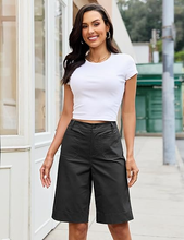 luvamia Bermuda Shorts for Women Knee Length High Waisted Dressy Casual Patch Pocket Chino Elastic Waist Long Shorts
