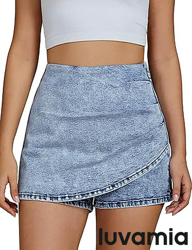 LUVAMIA Women's Slim Fit Pleated Denim Unlined Irregular Retro High Waisted Skorts
