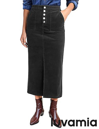 LUVAMIA Pockets Corduroy Maxi Skirt High Waist Front Slit Women Vintage Casual Comfort Fall Winter