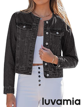 luvamia FleXclusive Women's Button Down Long Sleeves Crew Neck Denim Jacket