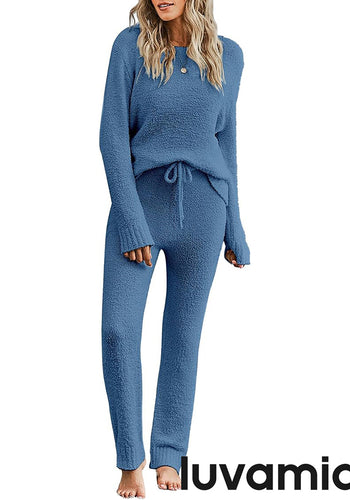 luvamia Women's Casual Pajamas Sets Long Sleeve Tops and Pants Knitted Pjs Loungewear