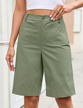 luvamia Bermuda Shorts for Women Knee Length High Waisted Dressy Casual Patch Pocket Chino Elastic Waist Long Shorts