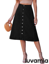 luvamia FleXclusive Jean Skirts for Women Trendy Midi Length A Line Western Casual Button Down Stretchy Denim Skirt with Pockets
