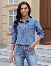 luvamia FleXclusive Denim Shirts for Women Long Sleeve Button Down Chambray Relaxed Fit Western Jean Shirts Casual Collared Jean Top