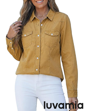 luvamia FleXclusive Denim Shirts for Women Long Sleeve Button Down Chambray Relaxed Fit Western Jean Shirts Casual Collared Jean Top