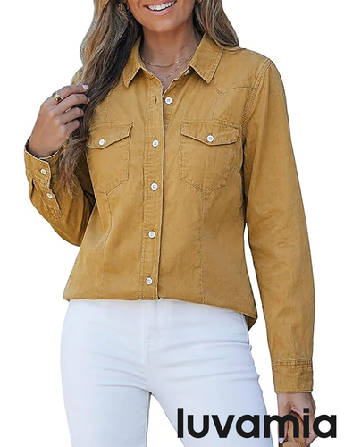 luvamia FleXclusive Denim Shirts for Women Long Sleeve Button Down Chambray Relaxed Fit Western Jean Shirts Casual Collared Jean Top