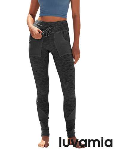 luvamia Women's High Waist Pocket Yoga Leggings Drawstring Patchwork Workout Pants