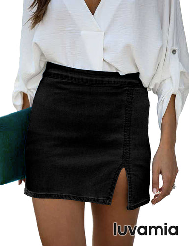 luvamia Jean Skirt for Women with Slit High Wasited Bodycon Stretch Pencil Mini Short Denim Skirts