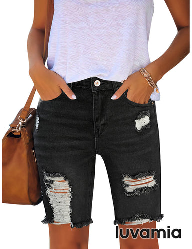 luvamia Women's High Waist Bermuda Shorts Ripped Distressed Stretch Denim Shorts
