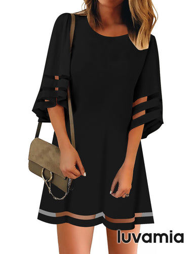 luvamia Women Dresses Casual Crewneck 3/4 Bell Sleeve Loose Mesh Panel Tunic Dress