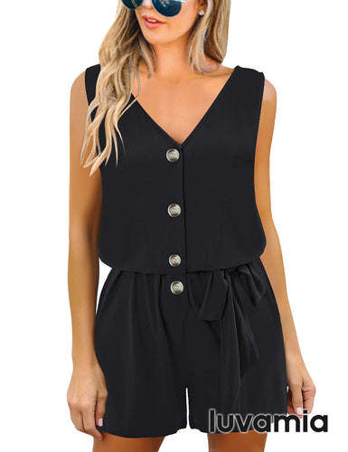 luvamia Women's Casual Short Sleeve Belted Overlay Keyhole Back Jumpsuits Romper