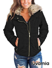 luvamia Women Casual Warm Winter Faux Fur Quilted Parka Lapel Zip Jacket Puffer Coat