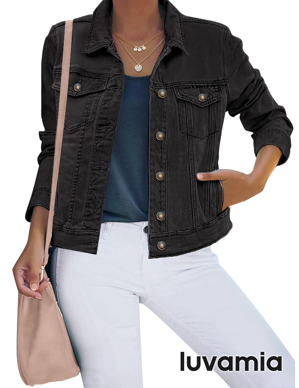 FOCUSNORM Women's Casual Denim Jacket Long Sleeve Basic Button
