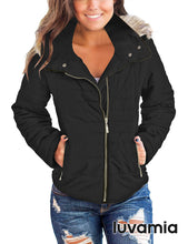 luvamia Women Casual Warm Winter Faux Fur Quilted Parka Lapel Zip Jacket Puffer Coat