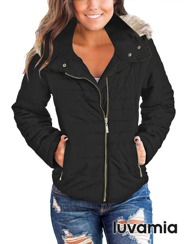 luvamia Women Casual Warm Winter Faux Fur Quilted Parka Lapel Zip Jacket Puffer Coat