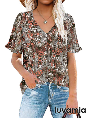 luvamia Women's Casual V Neck Tops Ruffle Short Sleeve Blouses Button Down Shirts