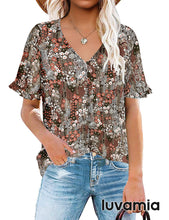 luvamia Women's Casual V Neck Tops Ruffle Short Sleeve Blouses Button Down Shirts