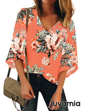luvamia Women's Casual V Neck Blouse 3/4 Bell Sleeve Mesh Panel Shirts Loose Top