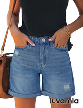 luvamia Women's Casual Ripped Denim Shorts High Rise Distressed Rolled Hem Jeans Shorts