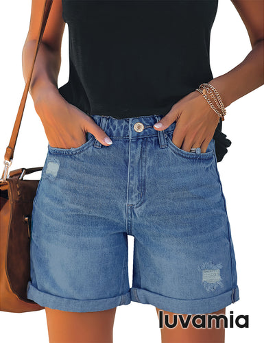 luvamia Women's Casual Ripped Denim Shorts High Rise Distressed Rolled Hem Jeans Shorts