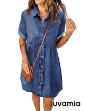 luvamia Women's Casual Short Sleeve Button Down Tiered Denim Babydoll Jean Dress