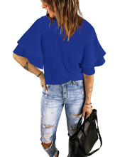 luvamia Women's Casual 3/4 Tiered Bell Sleeve Crewneck Loose Tops Blouses Shirt