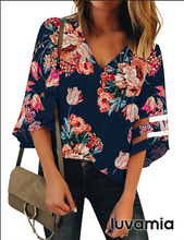 luvamia Women's Casual V Neck Blouse 3/4 Bell Sleeve Mesh Panel Shirts Loose Top