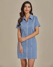 LUVAMIA Women's Short Sleeve Slim Tight Shirt-Neck Symmetrical Simple Versatile Denim Dress
