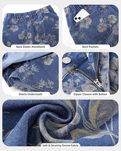 luvamia FleXclusive Denim Skorts for Woman Trendy Floral Print Faux Wrap Stretchy High Waisted Elasitc Waist Jean Shorts Skirt Skort