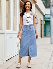 luvamia FleXclusive Jean Skirts for Women High Waisted Midi Denim Drawstring Elastic Waist Long Skirt with Pockets Front Slit