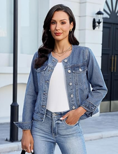 luvamia FleXclusive Women's Button Down Long Sleeves Crew Neck Denim Jacket