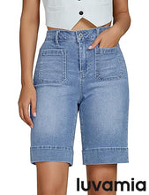 LUVAMIA Women's Knee-Length Bermuda Summer Denim Shorts Barely Shorts