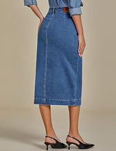 LUVAMIA Women's Skirts High Waisted Below Knee Split Hem Denim Bodycon Midi