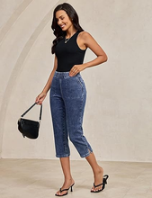 luvamia Womens Capri Jeans Pull On Jeans for Women Trendy Stretch Denim High Rise Elastic Waist Straight Leg Capri Pants